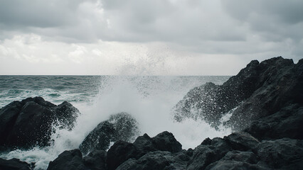 Storm&rsquo;s Embrace: Waves Crashing Against Rugged Coastal Rocks