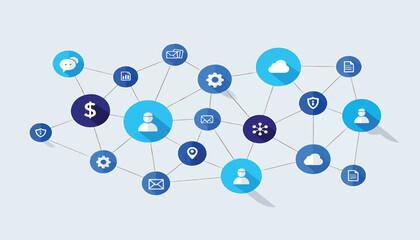 Digital network diagram showcasing interconnected concepts, data, and communication in a modern technological ecosystem