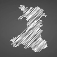 Wales map hand drawn sketch. Vector concept illustration flag, scribble map. Country map for infographic, brochures and presentations isolated on black background. Vector illustration