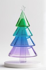 Fototapeta premium A 3D Christmas Tree in a rainbow gradient transparent glass style, white base