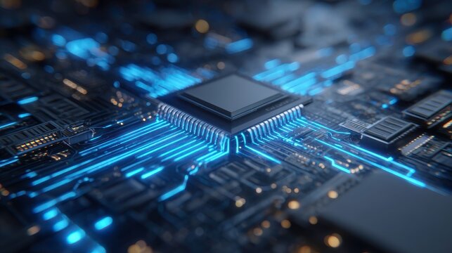 Close-Up View of Circuit Board with Glowing Blue Circuitry Elements - Powered by Adobe