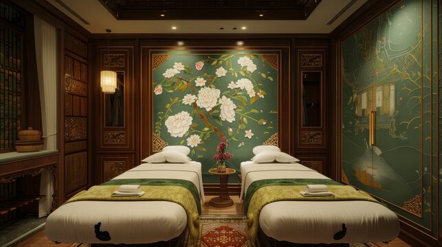 Elegant Spa Room with Floral Wallpaper and Two Massage Beds