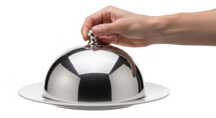 Hand lifting silver cloche revealing food isolated on transparent background