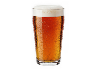 Tall glass of amber ale beer with frothy white head isolated on transparent background