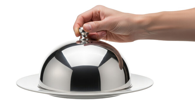 Hand lifting silver cloche revealing food isolated on transparent background
