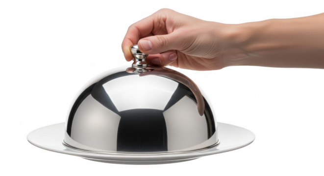 Hand lifting silver cloche revealing food isolated on transparent background - Powered by Adobe