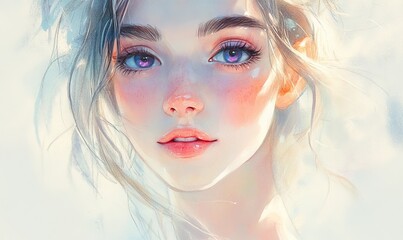 Fototapeta premium Ethereal Portrait of a Young Woman with Violet Eyes, Soft Pastel Hues, Dreamy Atmosphere, Delicate Beauty, Artistic Rendering, Fantasy Character Concept
