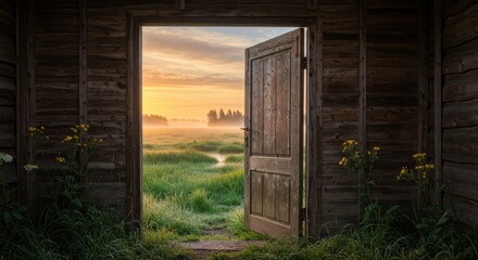 Open Door to Serenity: A wooden door, ajar in a rustic setting, frames a captivating sunrise landscape, inviting viewers into a world of peace and new beginnings.