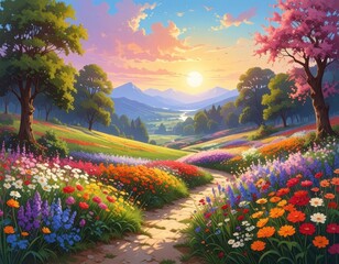 A vibrant landscape featuring a colorful flower-filled path winding through a picturesque valley at sunrise.