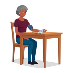 Elderly Black Woman Measuring her blood Pressure at Home Vector illustration