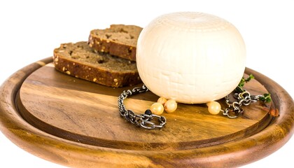 Round cheese, sliced dark bread, wooden board, decorative chain