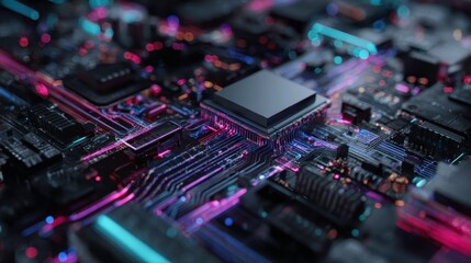 Futuristic Circuit Board with Neon Lights and Microchips Detail