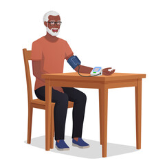 Elderly Black Man Measuring His Blood Pressure at Home Vector illustration