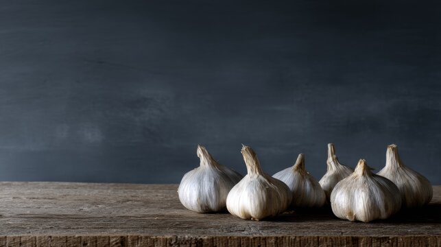 Group of six garlic bulbs arranged in a row on a wooden surface. the garlic bulbs are light grey in color and appear to be fresh.