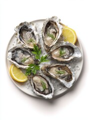 Freshly Shucked Oysters on Plate with Lemon and Herbs Arrangement