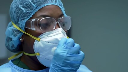 Hospital worker adjusts mask, safety glasses, scrubs - Powered by Adobe