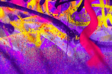 Vibrant graffiti with neon purple, yellow, pink spray patterns. 80s urban street art, fluorescent glow, abstract textures. Backgrounds, digital art, creative banner, summer visuals.