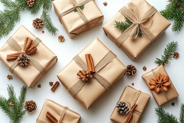 Flat lay top view of beautifully wrapped Christmas presents with luxury satin ribbon bows, festive pine branches and cinnamon sticks on a pure white background with plenty of space for text