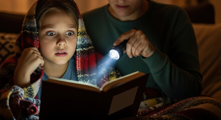 Father reads a bedtime story to his son using a flashlight, illuminating children's book. Bedtime story helps to bond between father and son in evening at home.