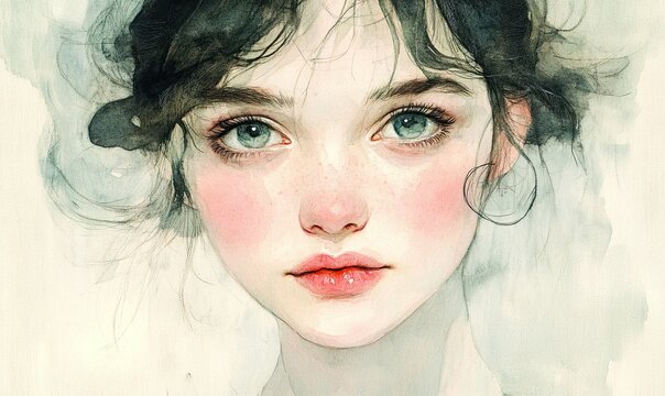 Watercolor Portrait of a Young Woman with Green Eyes and Dark Hair