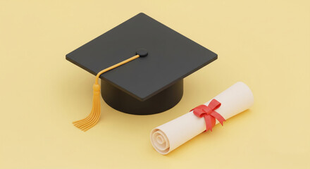 Isometric 3D Illustration of Graduation Cap with Diploma Scroll
