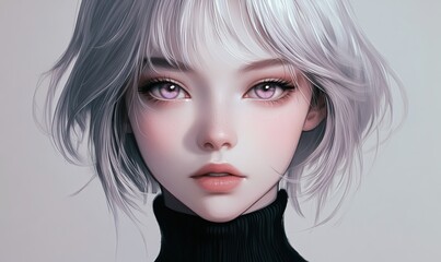 Fototapeta premium Anime Style Young Woman with Silver Hair and Pink Eyes Portrait