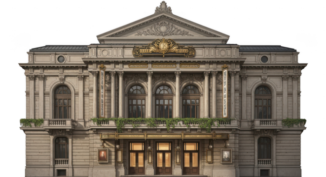 Ornate classical building facade isolated on transparent background