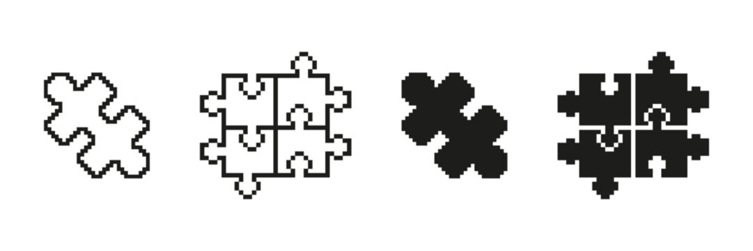 Pixel Art Puzzle Pieces Icon Set. Collaboration And Problem-Solving Symbol Collection. Black And White Jigsaw Elements. Isolated Vector Illustration