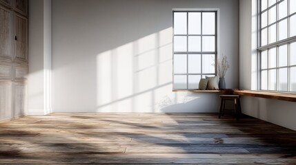 Empty room with large windows on the right side. the room has a wooden floor and white walls. on the left side of the image, there is a wooden door that leads to another room.