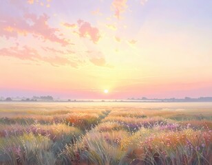 A serene sunrise paints a pastel-hued landscape of wildflowers and a tranquil meadow.