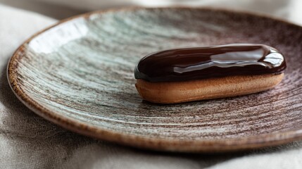 Single chocolate-covered donut on a brown plate. the donut is round and has a smooth texture. it is covered in a thick layer of dark chocolate glaze, which is dripping down the sides of the donut.