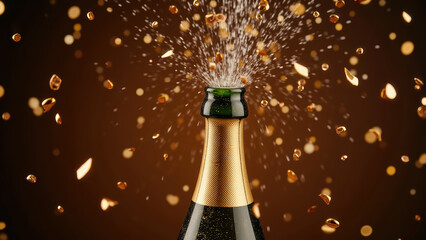 Champagne bottle popping with sparkling bubbles and golden confetti, creating festive atmosphere of celebration and joy
