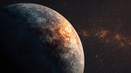 Naklejka premium A detailed artistic rendering of the planet Mercury with textured surface, craters, and cosmic atmosphere, set against a deep space background.
