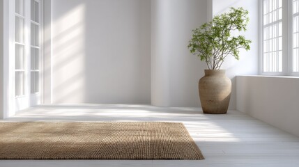 Empty room with white walls and wooden flooring. on the right side of the image, there is a large window with white frames and a white curtain.