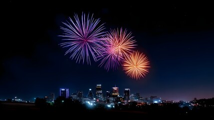 Fototapeta premium Dazzling fireworks burst in a spectacular display, illuminating the serene cityscape below with a breathtaking array of colors and lights.