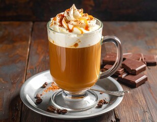 A glass mug of caramel coffee drink with whipped cream, topped with caramel drizzle and cinnamon, sits on a rustic wooden table with dark chocolate.