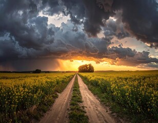 A dramatic sunset illuminates a dirt road through a field of vibrant yellow flowers, as dark storm clouds gather overhead.