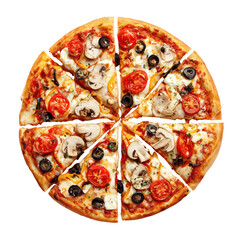 Whole pizza cut into eight slices isolated on transparent background