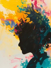 The background features a vivid, psychedelic color gradient with bright yellows, pinks, and blues, creating a striking contrast with the dark silhouette of the figure.
