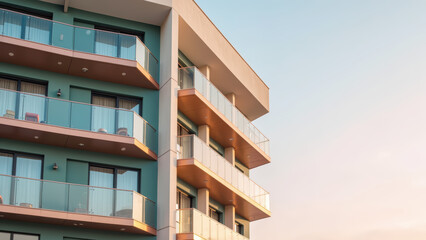 Obraz premium Modern building exterior with balconies, glass railings, and colorful facade, showcasing contemporary architecture and urban living