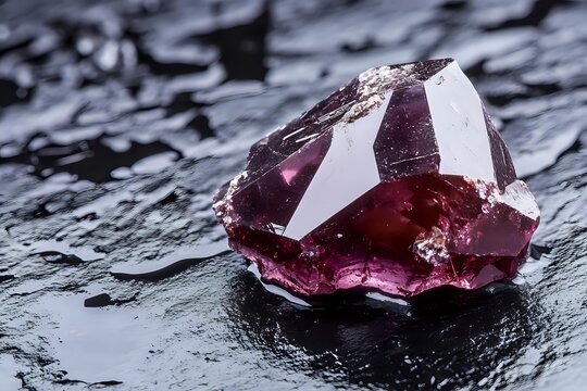 Raw purple crystal formation on dark wet stone surface showing natural geometric shapes and light reflections in rich amethyst color tones. - Powered by Adobe