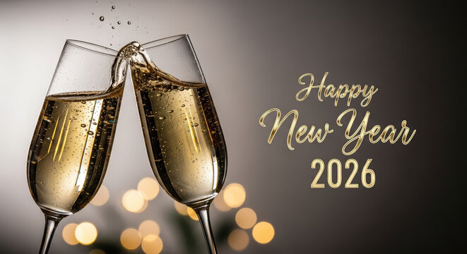 Happy New Year celebrations with two glasses of sparkling champagne toasting, golden bubbles overflow. Happy New Year theme includes elegant flutes, glittering drinks, and bokeh lights.