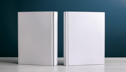 front and back book cover mockup with two blank white books standing upright against a plain background