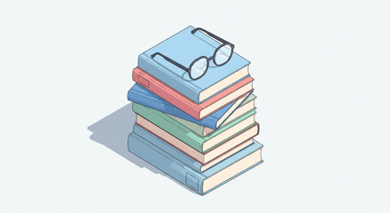 Isometric 3D Illustration of Stack of Books with Glasses on Top
