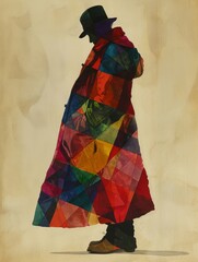The figure is depicted in a simplistic, abstract style, adorned with bold, colorful patterns on the clothing