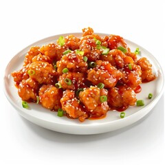 Plate of delicious glazed chicken pieces, garnished with sesame seeds and fresh green onions