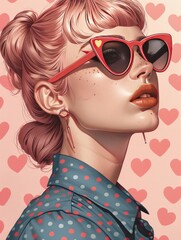 Stylized illustration of a woman with light hair, wearing red sunglasses.