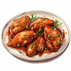 Plate of delicious glazed chicken pieces, garnished with sesame seeds and fresh green onions