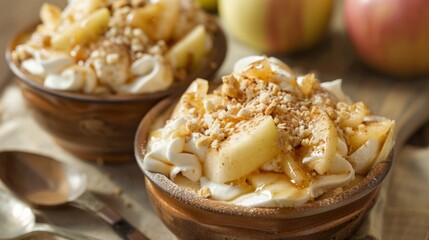 This dessert combines the natural sweetness and tartness of the apples with the rich, creamy, and crunchy textures of the toppings.