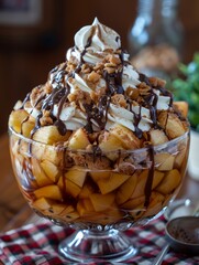 This dessert combines the natural sweetness and tartness of the apples with the rich, creamy, and crunchy textures of the toppings.